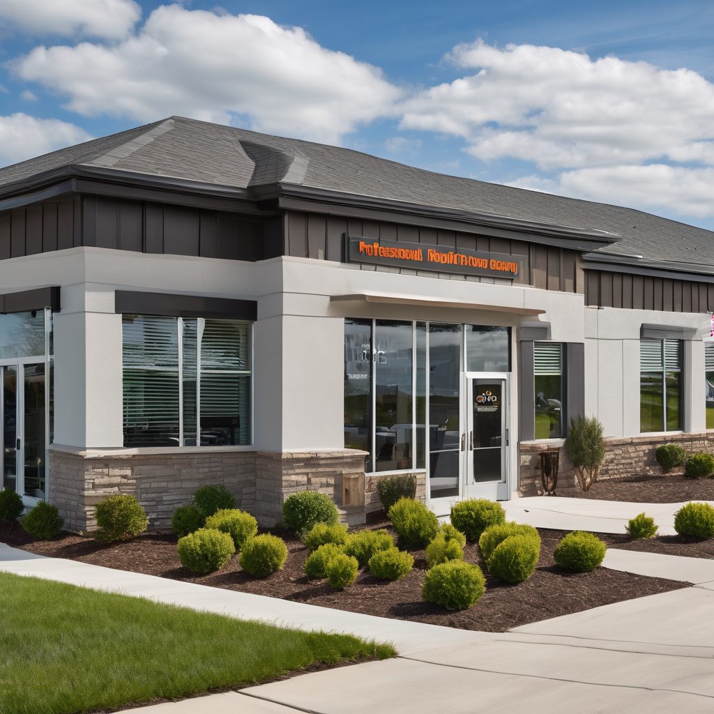 Professional roofing company office with work trucks and materials yard