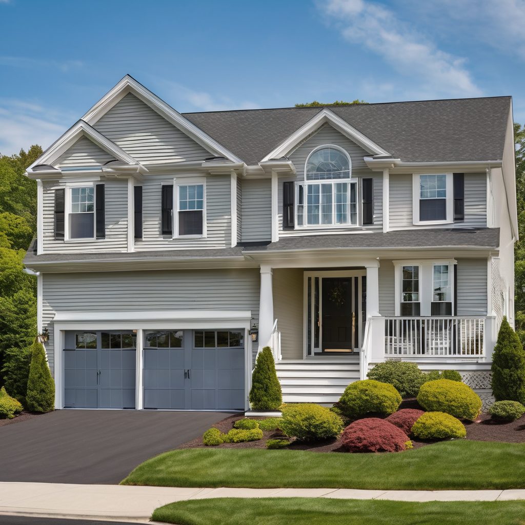 Two-story colonial with a gray shingle roof and a two-car garage